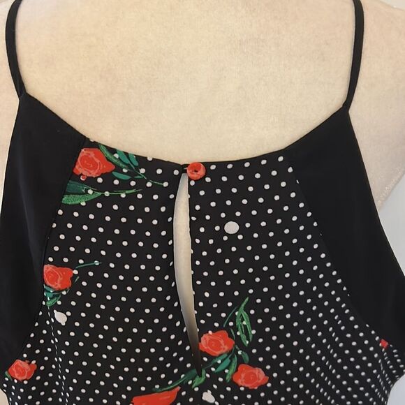 Serein black white polka dot red rose blouse Size L - Picture 6 of 10